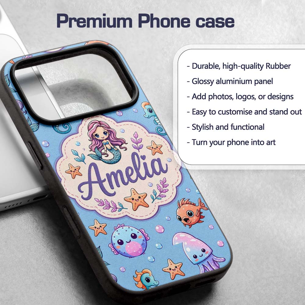 Cute Cartoon Mermaid with Sea Creatures on Blue Custom Name Protective Phone Case Mobile Cover Durable Everyday Smartphone Shock Resistant