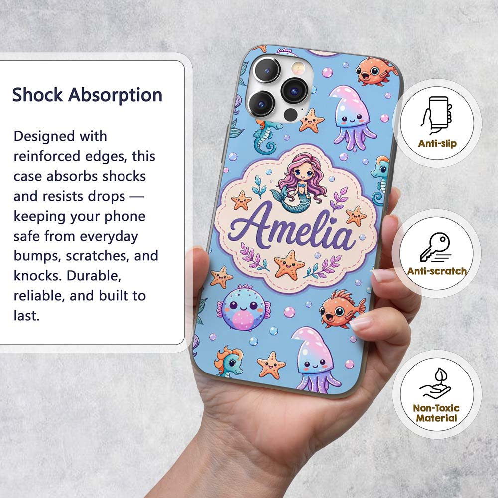 Cute Cartoon Mermaid with Sea Creatures on Blue Custom Name Protective Phone Case Mobile Cover Durable Everyday Smartphone Shock Resistant