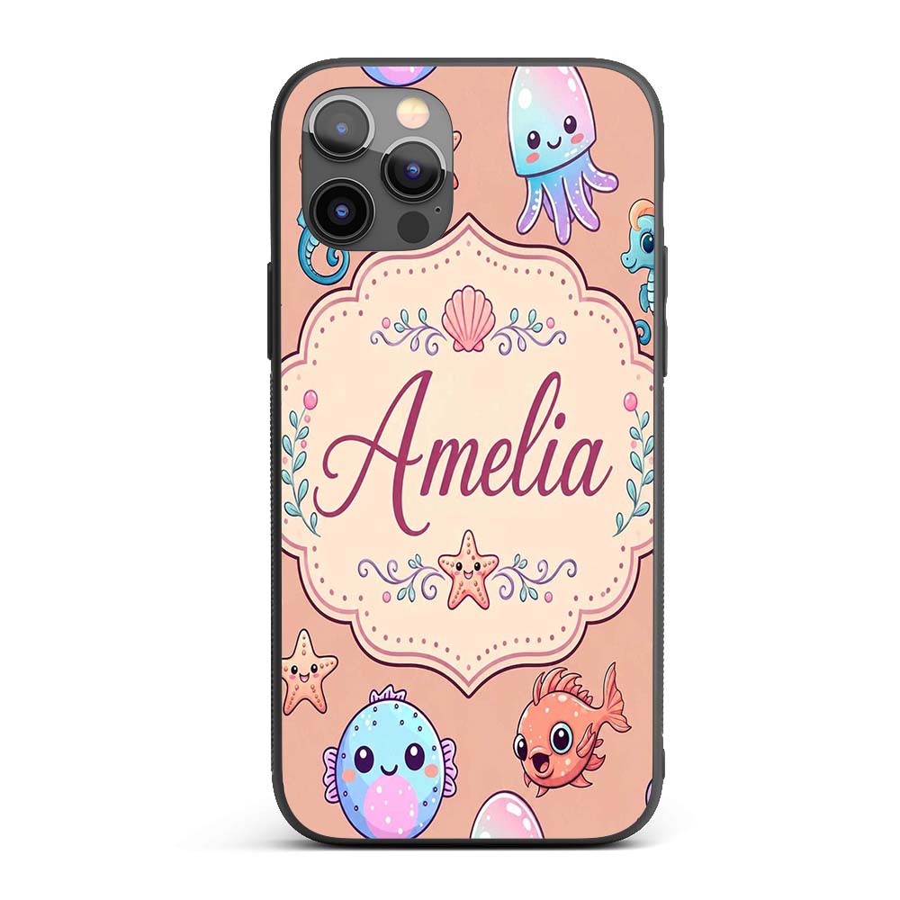 Cute Cartoon Mermaid with Sea Creatures on Peach Custom Name Protective Phone Case Mobile Cover Durable Everyday Smartphone Shock Resistant