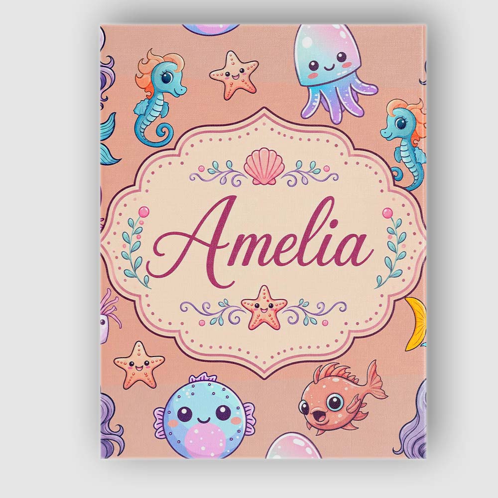 Personalised Name Cute Cartoon Mermaid with Custom Bespoke Interior Contemporary Canvas Wall Art Print Decor Picture Ready to Hang