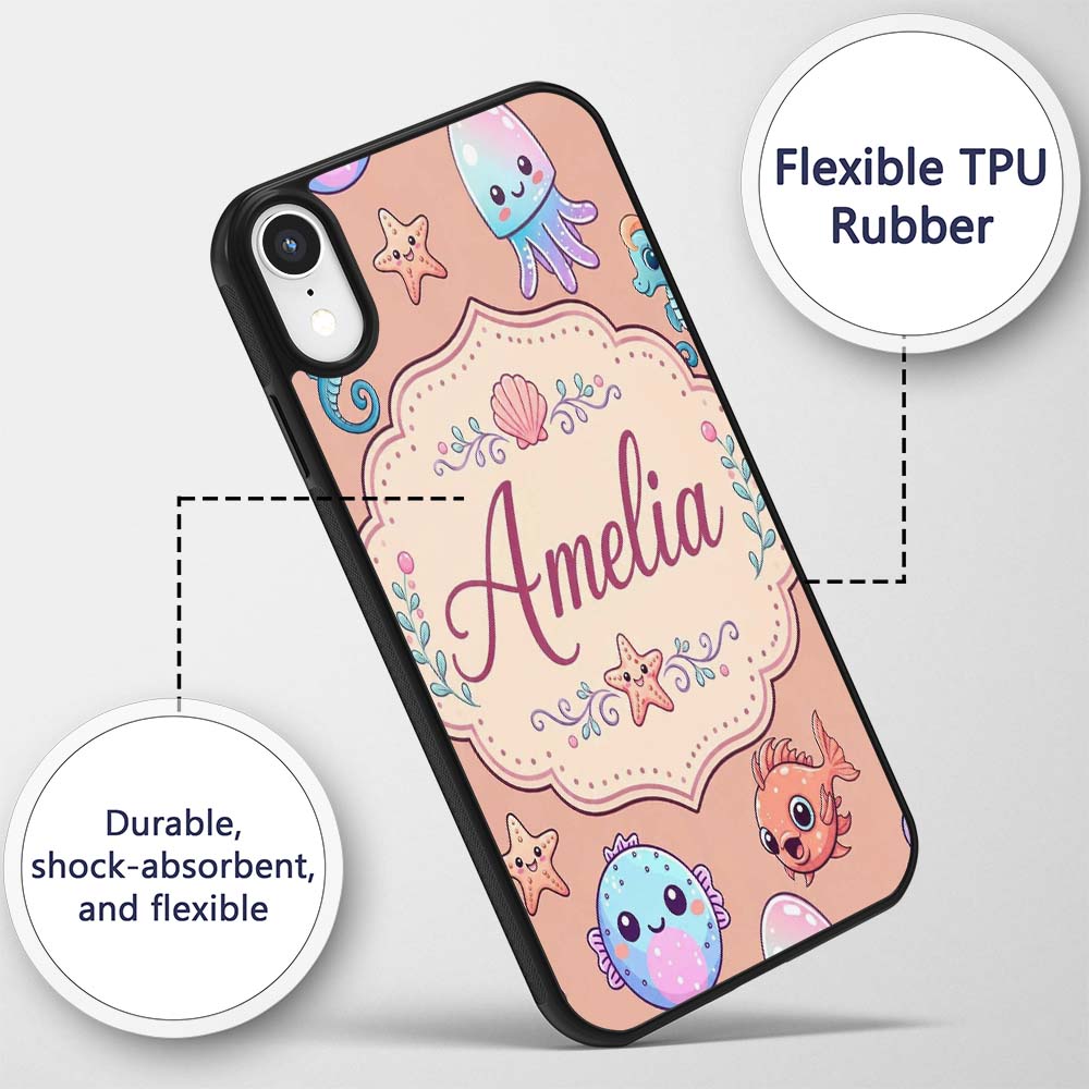 Cute Cartoon Mermaid with Sea Creatures on Peach Custom Name Protective Phone Case Mobile Cover Durable Everyday Smartphone Shock Resistant