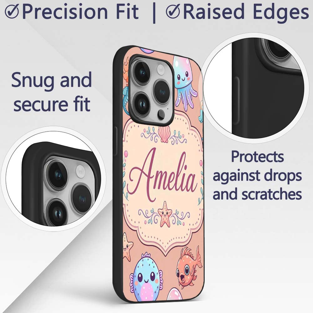 Cute Cartoon Mermaid with Sea Creatures on Peach Custom Name Protective Phone Case Mobile Cover Durable Everyday Smartphone Shock Resistant
