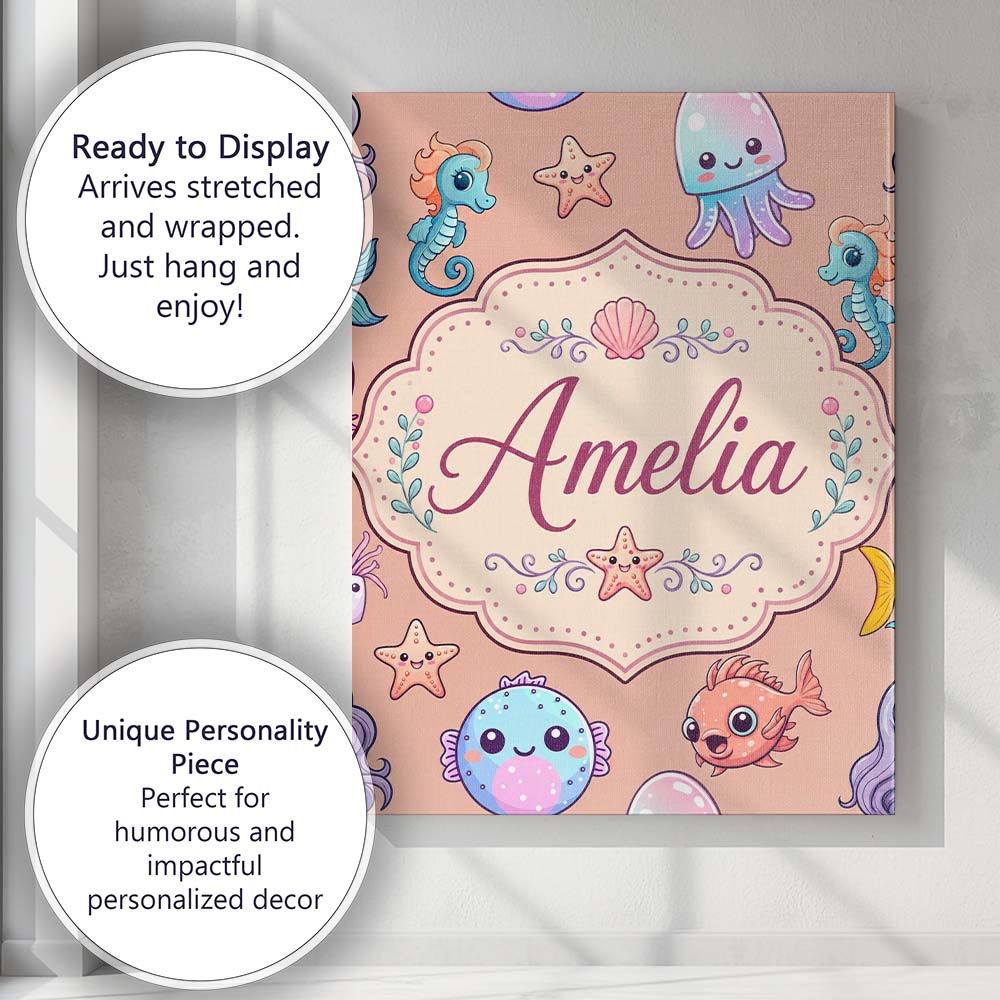 Personalised Name Cute Cartoon Mermaid with Custom Bespoke Interior Contemporary Canvas Wall Art Print Decor Picture Ready to Hang