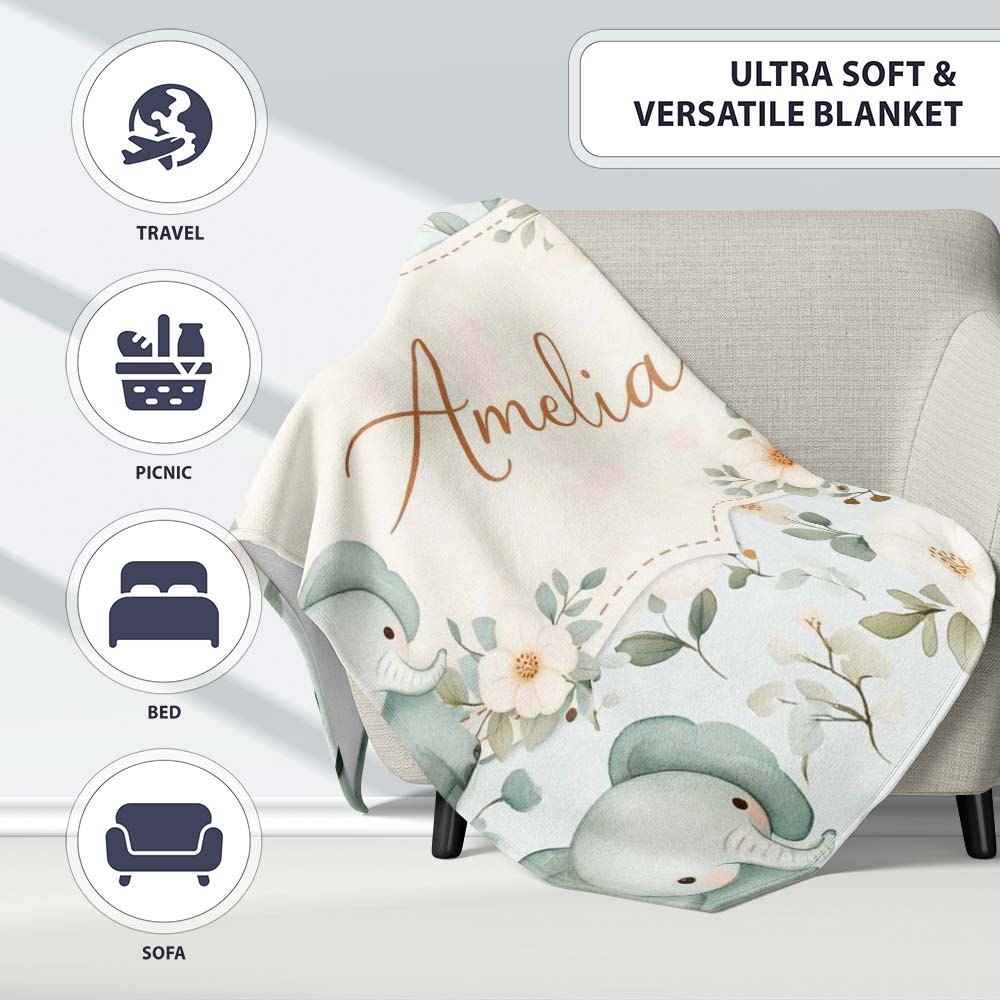 Cute Baby Elephant Floral Watercolor Pattern Pastel Nursery Design Personalised Custom Name Super Soft Fleece Blanket Bed Sofa Throw