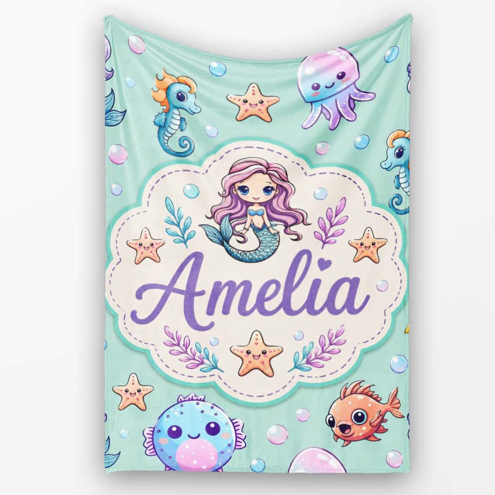 Cute Cartoon Mermaid with Sea Creatures on Mint Green Background Personalised Custom Name Super Soft Fleece Blanket Bed Sofa Throw