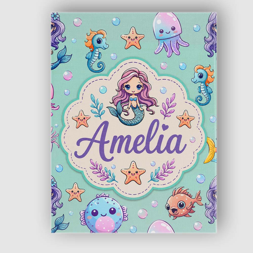 Personalised Name Cute Cartoon Mermaid with Custom Bespoke Interior Contemporary Canvas Wall Art Print Decor Picture Ready to Hang