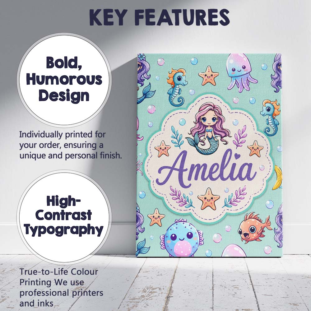 Personalised Name Cute Cartoon Mermaid with Custom Bespoke Interior Contemporary Canvas Wall Art Print Decor Picture Ready to Hang