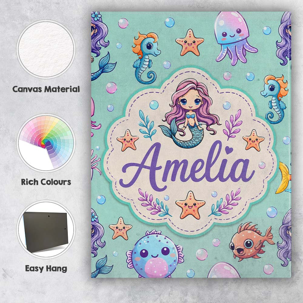 Personalised Name Cute Cartoon Mermaid with Custom Bespoke Interior Contemporary Canvas Wall Art Print Decor Picture Ready to Hang