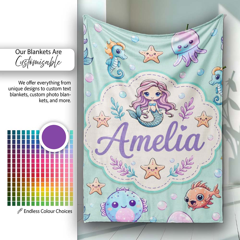 Cute Cartoon Mermaid with Sea Creatures on Mint Green Background Personalised Custom Name Super Soft Fleece Blanket Bed Sofa Throw