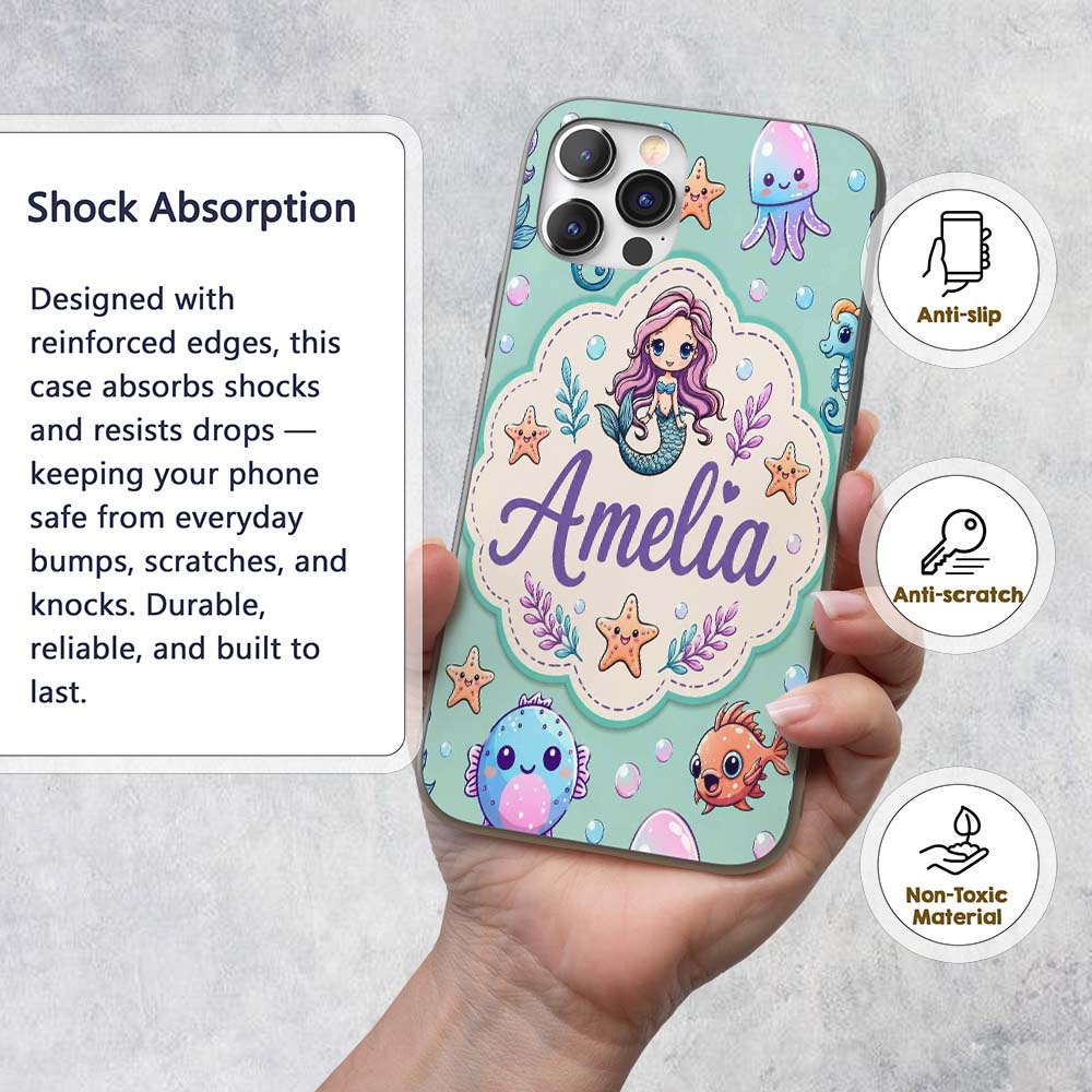 Cute Cartoon Mermaid with Sea Creatures on Mint Custom Name Protective Phone Case Mobile Cover Durable Everyday Smartphone Shock Resistant
