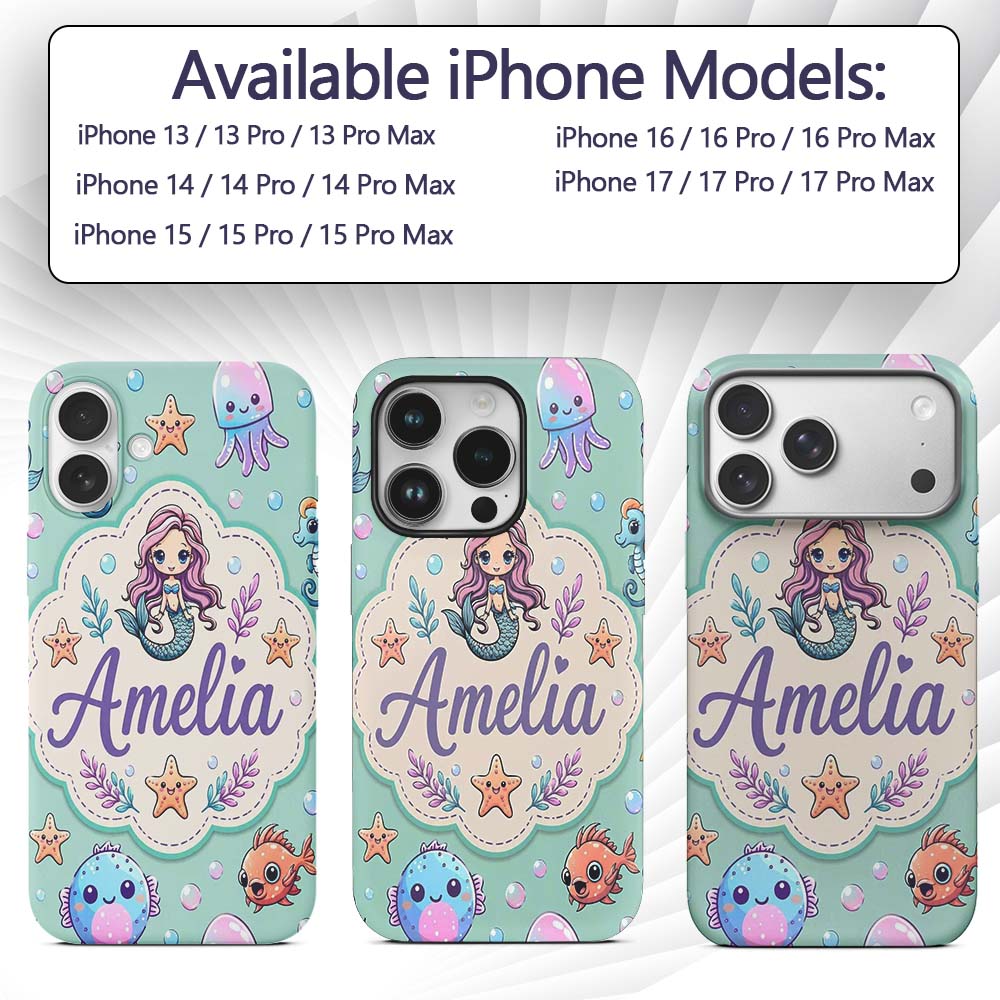 Cute Cartoon Mermaid with Sea Creatures on Mint Custom Name Protective Phone Case Mobile Cover Durable Everyday Smartphone Shock Resistant