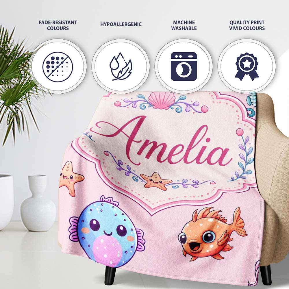 Cute Cartoon Mermaid with Sea Creatures on Soft Pink Background Kids Personalised Custom Name Super Soft Fleece Blanket Bed Sofa Throw