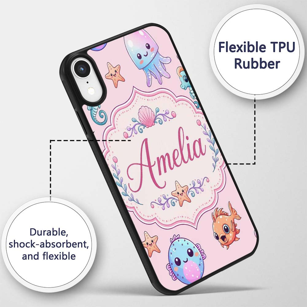 Cute Cartoon Mermaid with Sea Creatures on Soft Custom Name Protective Phone Case Mobile Cover Durable Everyday Smartphone Shock Resistant