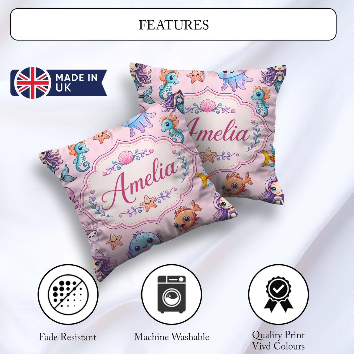 Custom Name Cartoon Mermaid with Sea Creatures on Soft Pink Kids Square Filled Cushion Throw Pillow Sofa Bed Home Decor Zip Washable UK Made