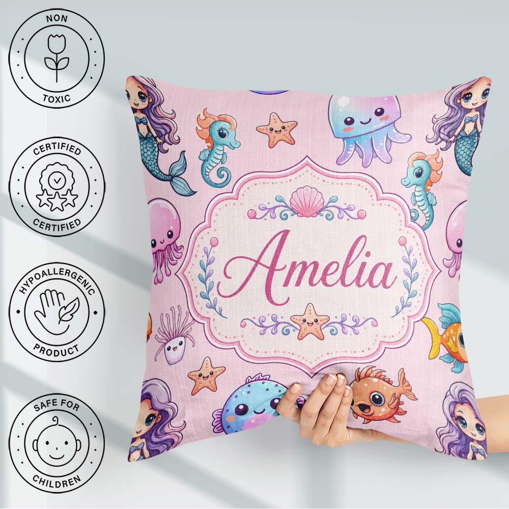 Custom Name Cartoon Mermaid with Sea Creatures on Soft Pink Kids Square Filled Cushion Throw Pillow Sofa Bed Home Decor Zip Washable UK Made