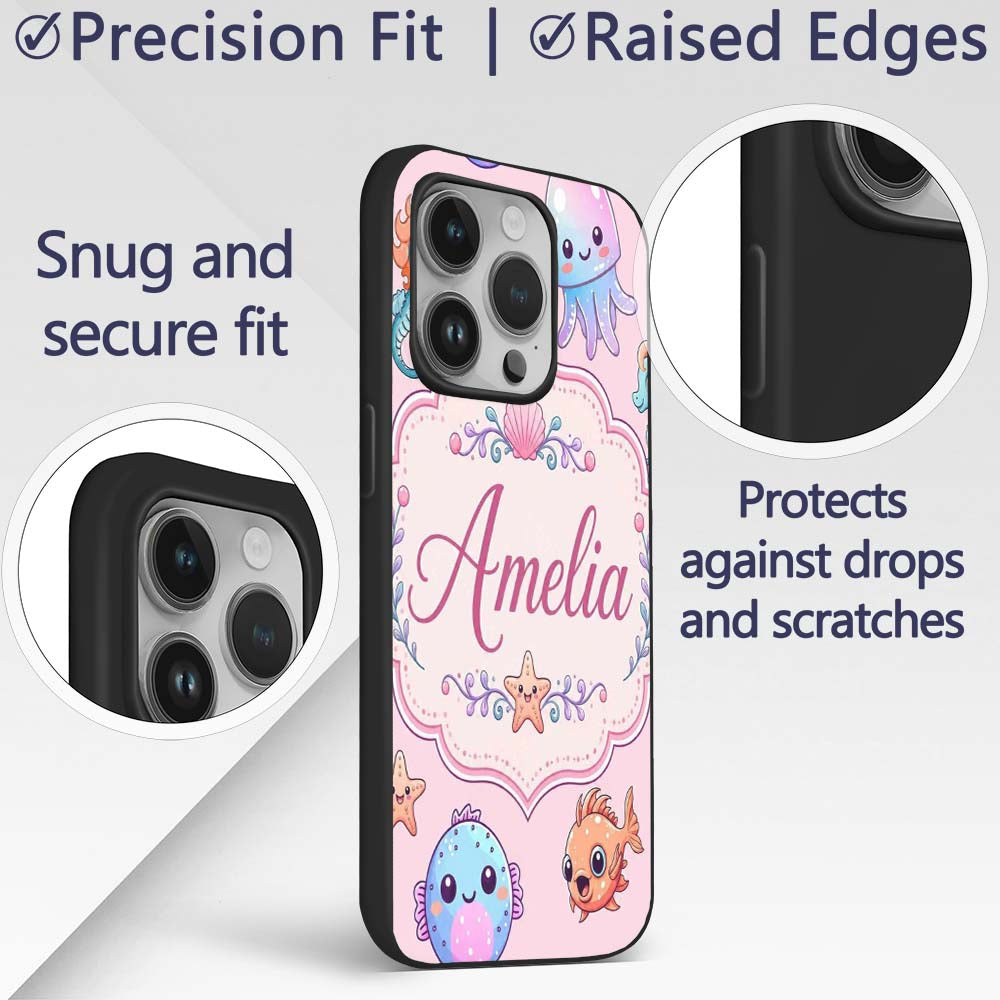 Cute Cartoon Mermaid with Sea Creatures on Soft Custom Name Protective Phone Case Mobile Cover Durable Everyday Smartphone Shock Resistant