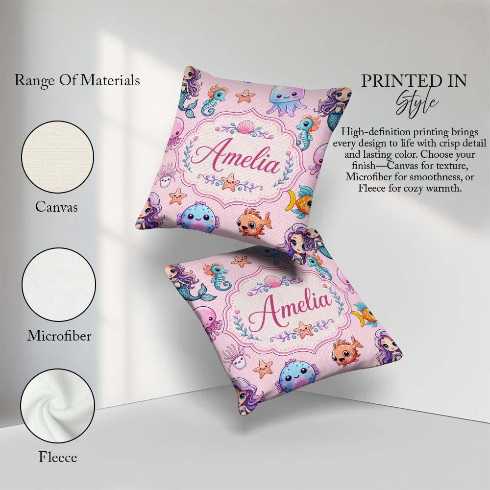 Custom Name Cartoon Mermaid with Sea Creatures on Soft Pink Kids Square Filled Cushion Throw Pillow Sofa Bed Home Decor Zip Washable UK Made