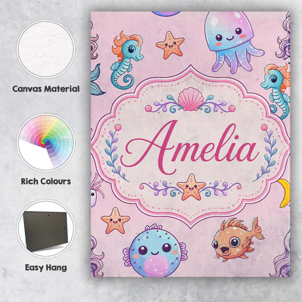 Personalised Name Cute Cartoon Mermaid with Custom Bespoke Interior Contemporary Canvas Wall Art Print Decor Picture Ready to Hang