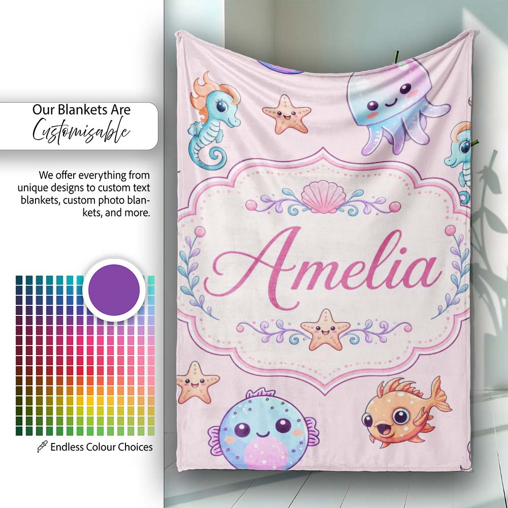 Cute Cartoon Mermaid with Sea Creatures on Soft Pink Background Kids Personalised Custom Name Super Soft Fleece Blanket Bed Sofa Throw