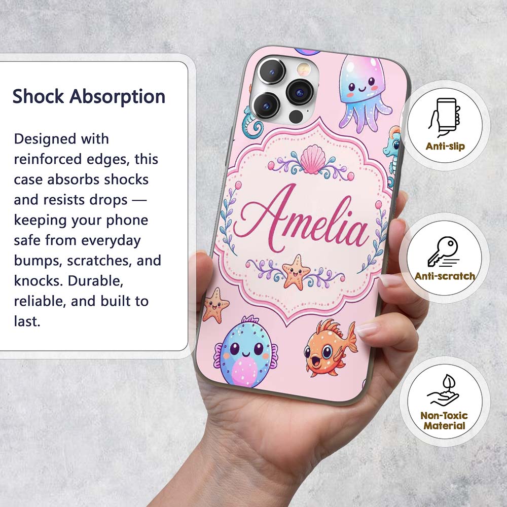 Cute Cartoon Mermaid with Sea Creatures on Soft Custom Name Protective Phone Case Mobile Cover Durable Everyday Smartphone Shock Resistant