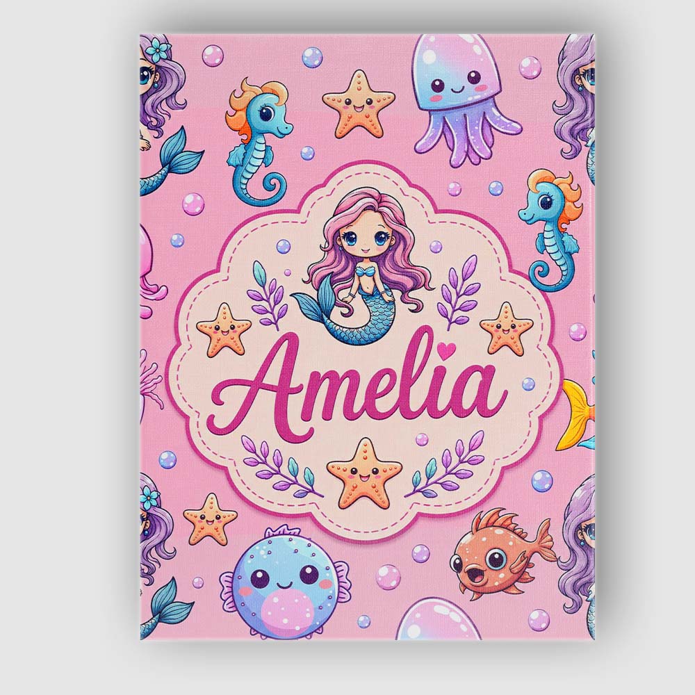 Personalised Name Cute Cartoon Mermaid with Custom Bespoke Interior Contemporary Canvas Wall Art Print Decor Picture Ready to Hang
