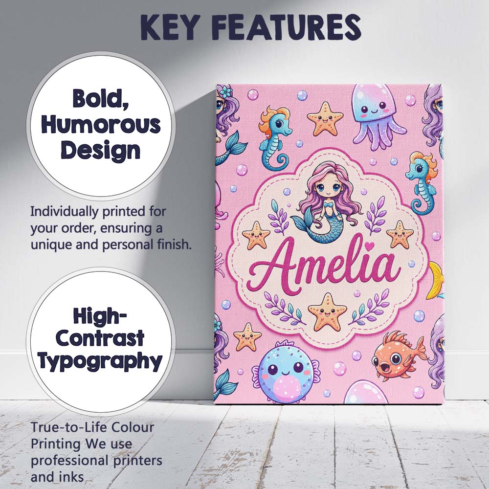 Personalised Name Cute Cartoon Mermaid with Custom Bespoke Interior Contemporary Canvas Wall Art Print Decor Picture Ready to Hang