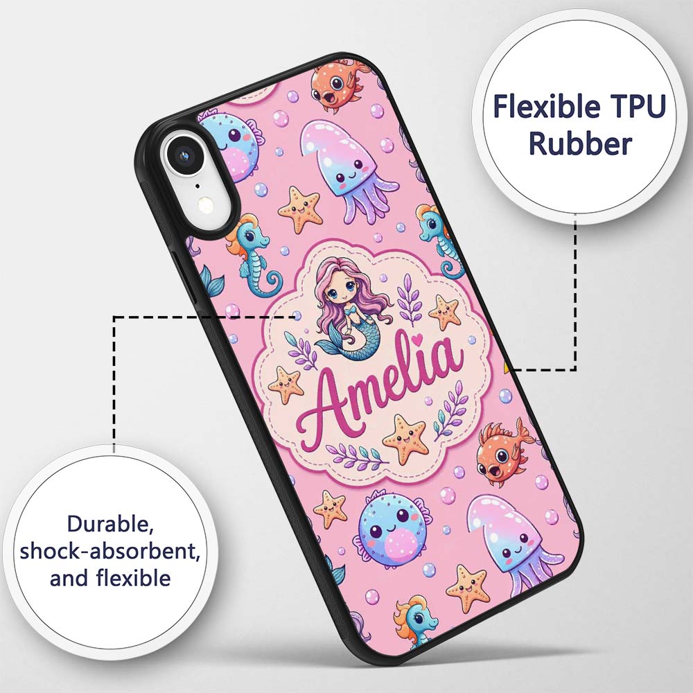 Cute Cartoon Mermaid with Sea Creatures on Pink Custom Name Protective Phone Case Mobile Cover Durable Everyday Smartphone Shock Resistant