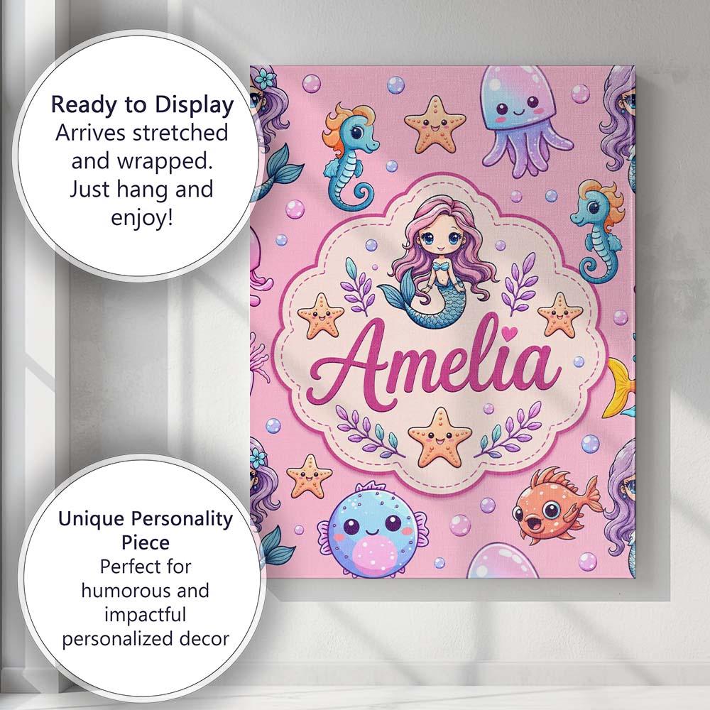 Personalised Name Cute Cartoon Mermaid with Custom Bespoke Interior Contemporary Canvas Wall Art Print Decor Picture Ready to Hang