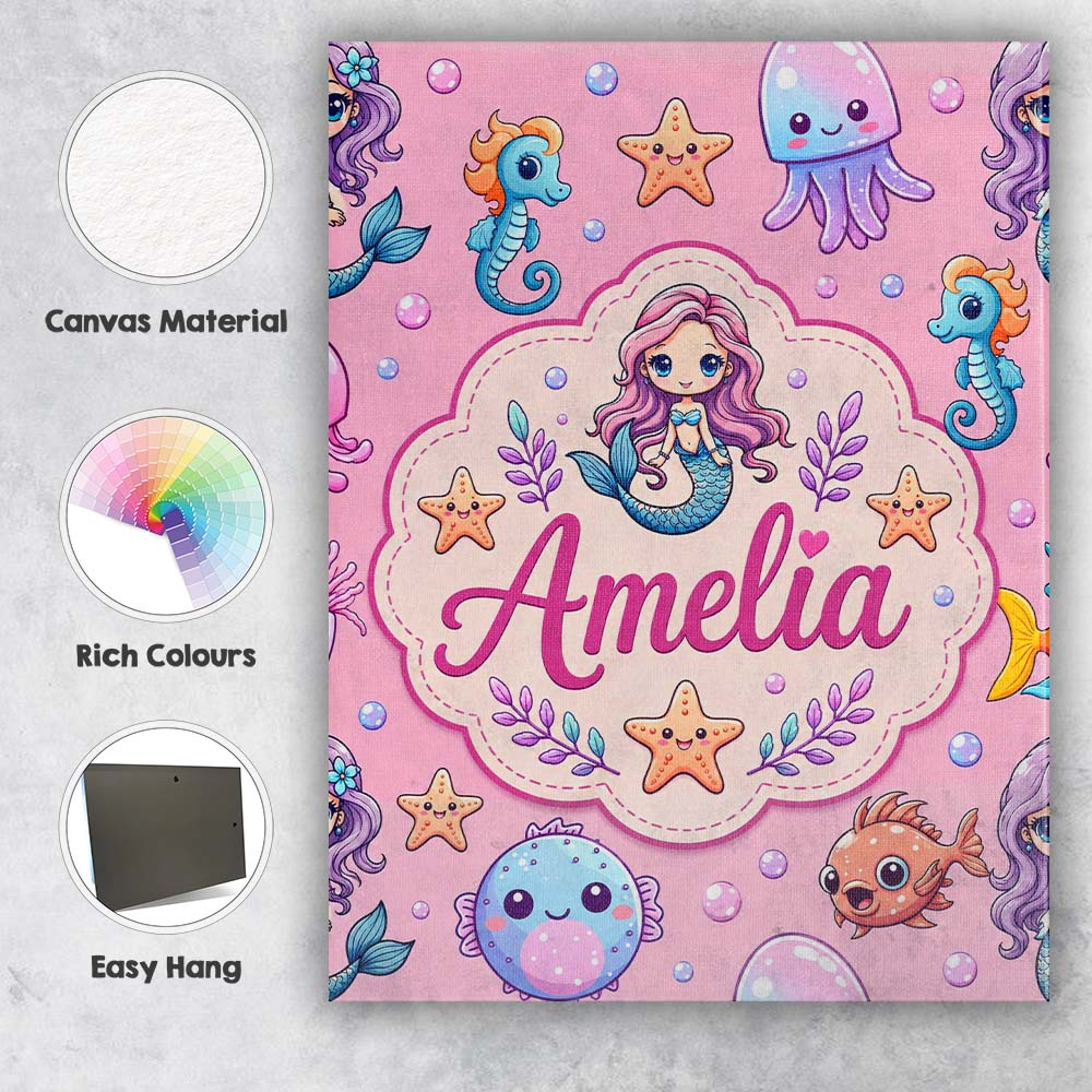 Personalised Name Cute Cartoon Mermaid with Custom Bespoke Interior Contemporary Canvas Wall Art Print Decor Picture Ready to Hang
