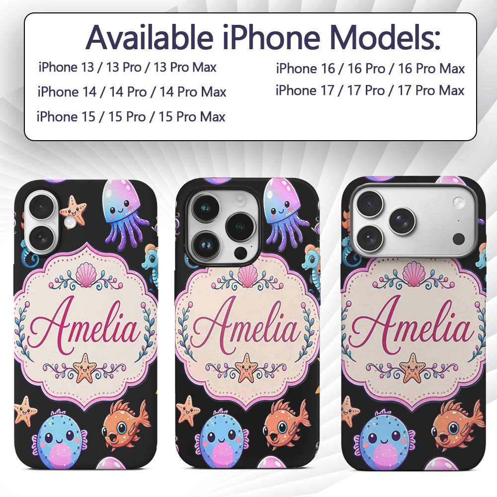 Cute Kawaii Mermaid and Sea Creatures Seamless Custom Name Protective Phone Case Mobile Cover Durable Everyday Smartphone Shock Resistant