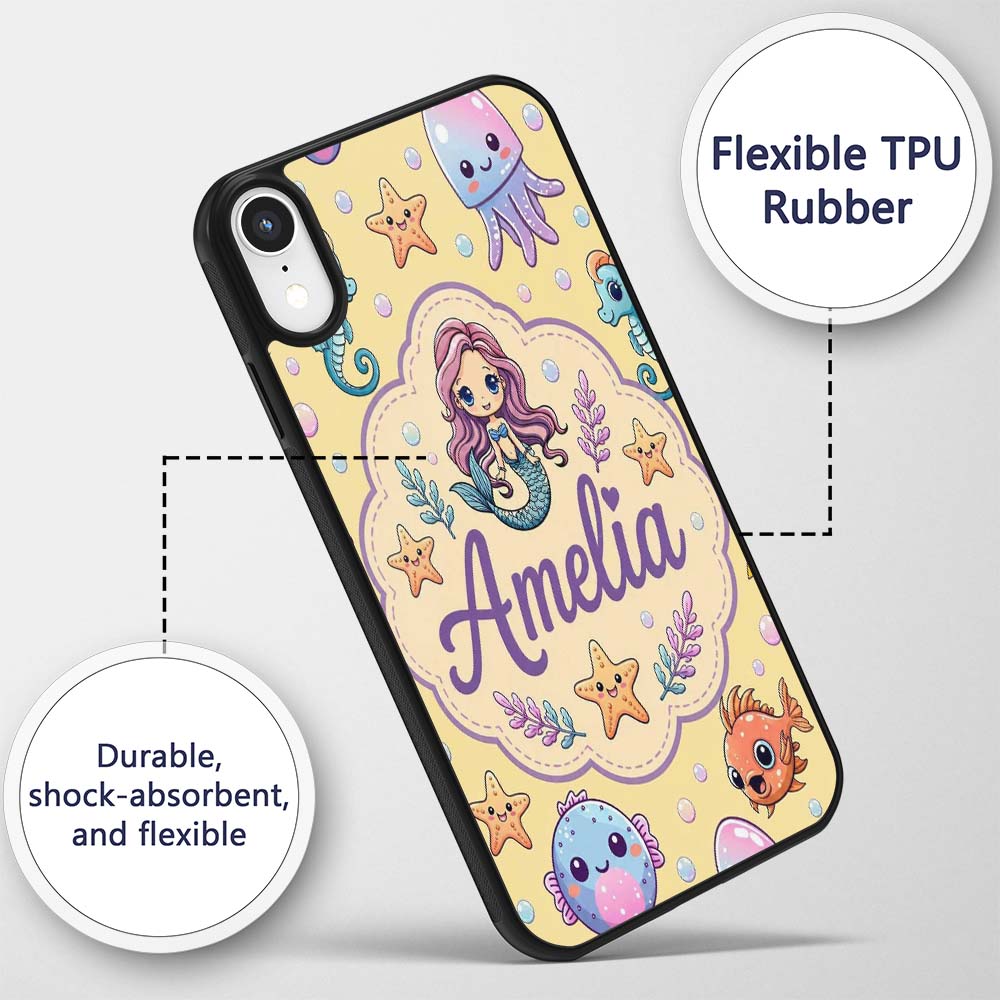 Kawaii Mermaid and Sea Creatures Ocean Warm Beige Custom Name Protective Phone Case Mobile Cover Durable Everyday Smartphone Shock Resistant
