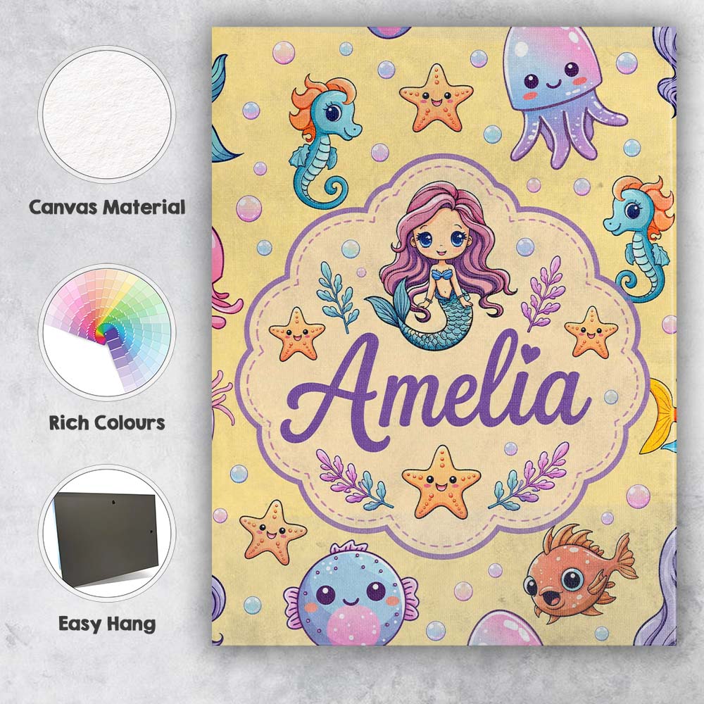 Personalised Name Kawaii Mermaid and Sea Custom Unique Gift Idea Elegant Feature Canvas Wall Art Print Decor Picture Ready to Hang