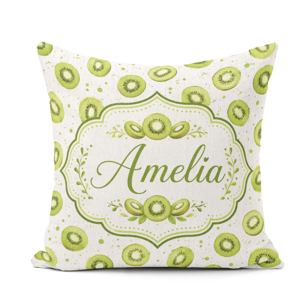 Custom Name Watercolor Kiwi Slice Scatter Fruit Pattern on White Square Filled Cushion Throw Pillow Sofa Bed Home Decor Zip Washable UK Made