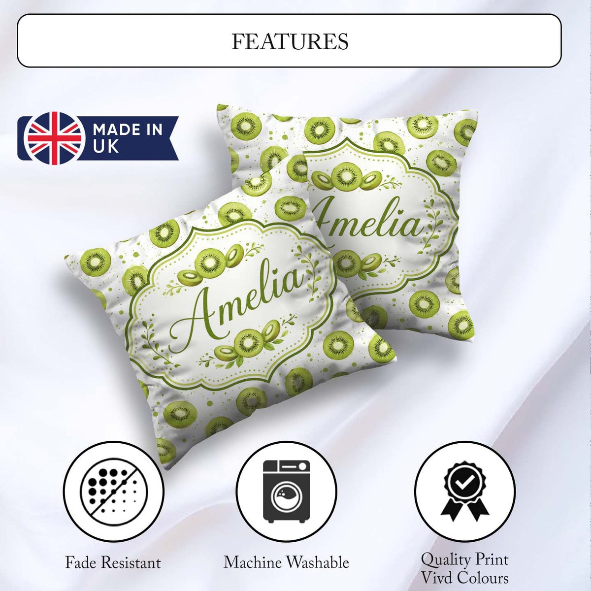 Custom Name Watercolor Kiwi Slice Scatter Fruit Pattern on White Square Filled Cushion Throw Pillow Sofa Bed Home Decor Zip Washable UK Made