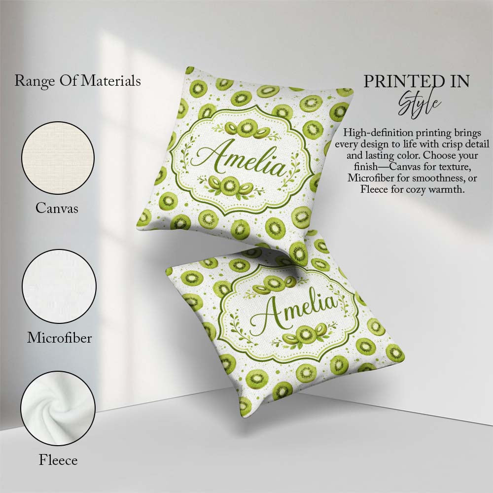Custom Name Watercolor Kiwi Slice Scatter Fruit Pattern on White Square Filled Cushion Throw Pillow Sofa Bed Home Decor Zip Washable UK Made