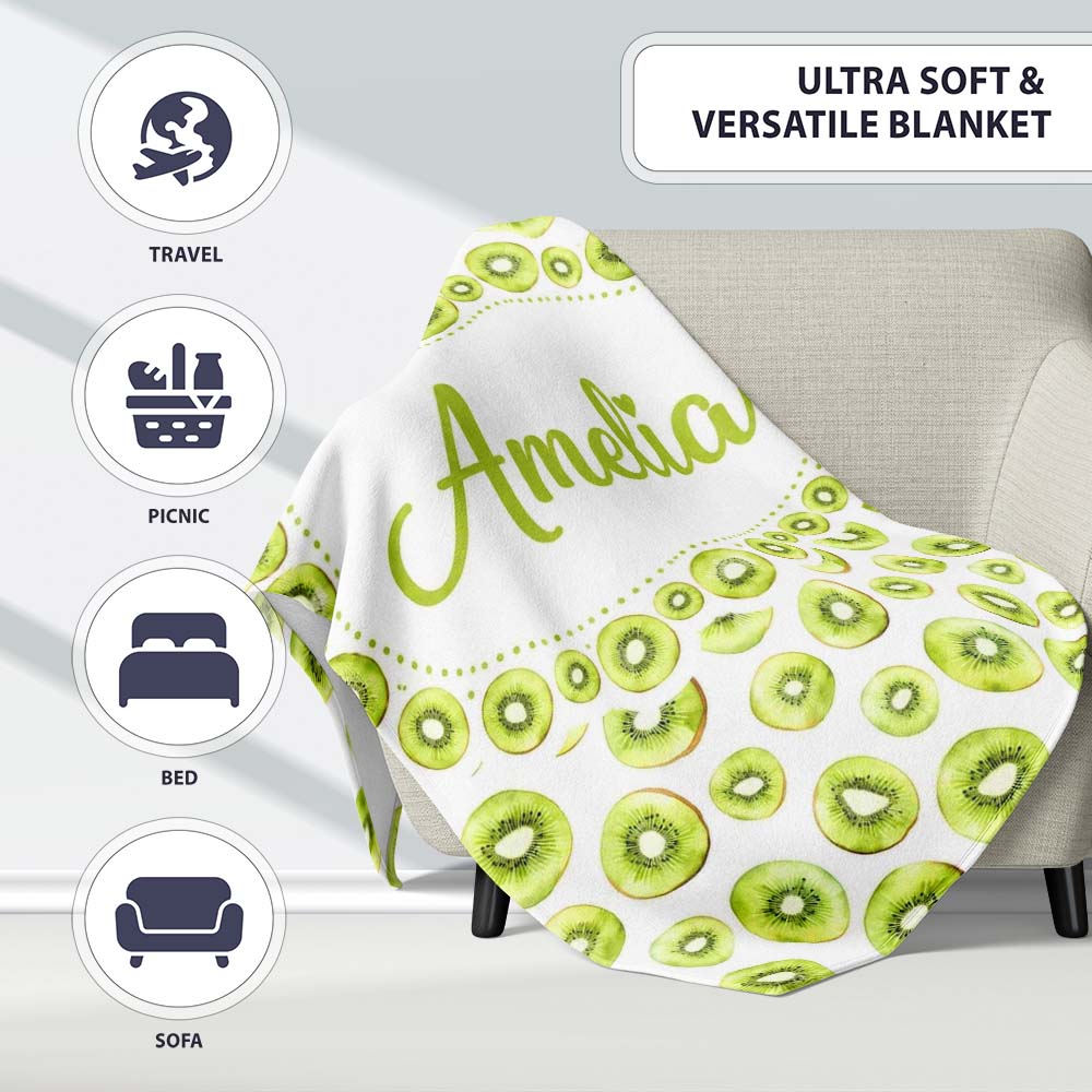 Fresh Kiwi Slice Repeating Seamless Pattern on Light Background Personalised Custom Name Super Soft Fleece Blanket Bed Sofa Throw