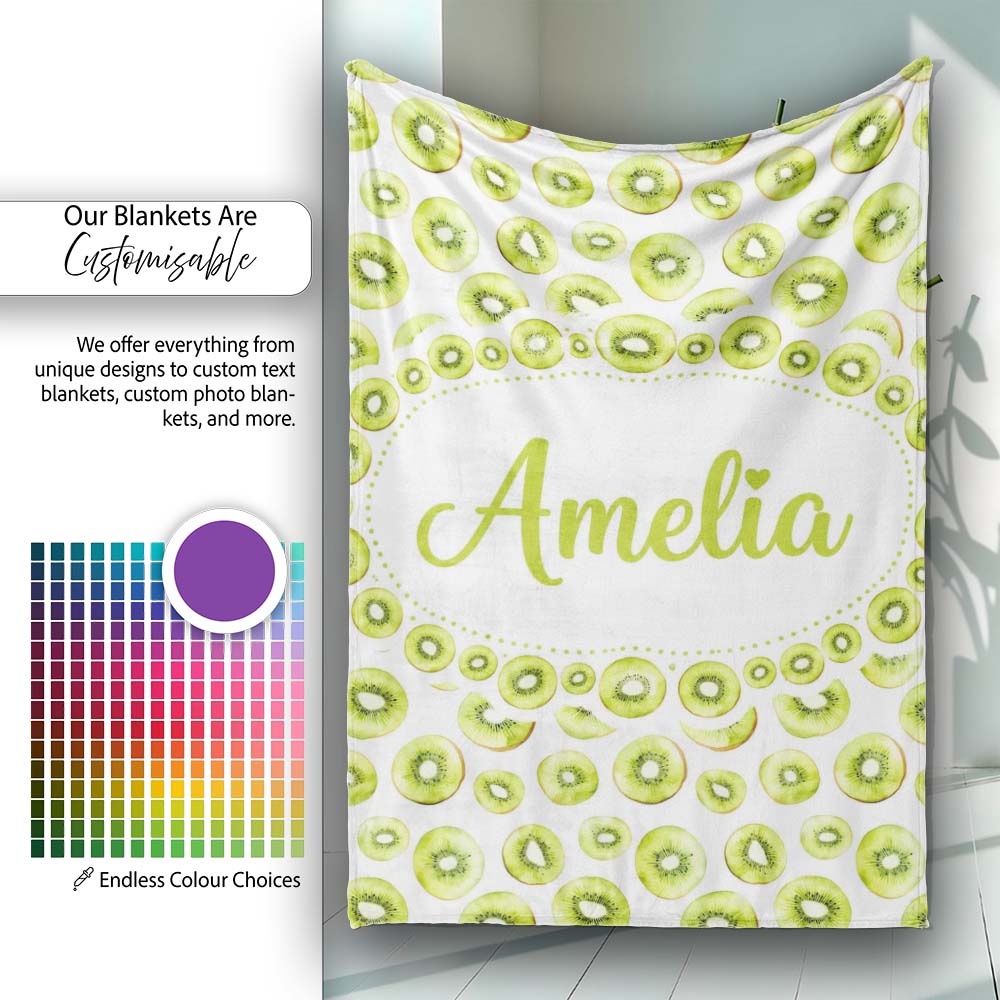 Fresh Kiwi Slice Repeating Seamless Pattern on Light Background Personalised Custom Name Super Soft Fleece Blanket Bed Sofa Throw