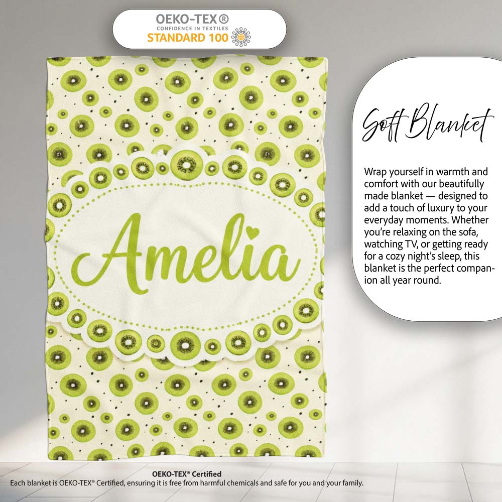 Minimal Kiwi Slice and Seed Scatter Seamless Pattern on Soft Beige Personalised Custom Name Super Soft Fleece Blanket Bed Sofa Throw