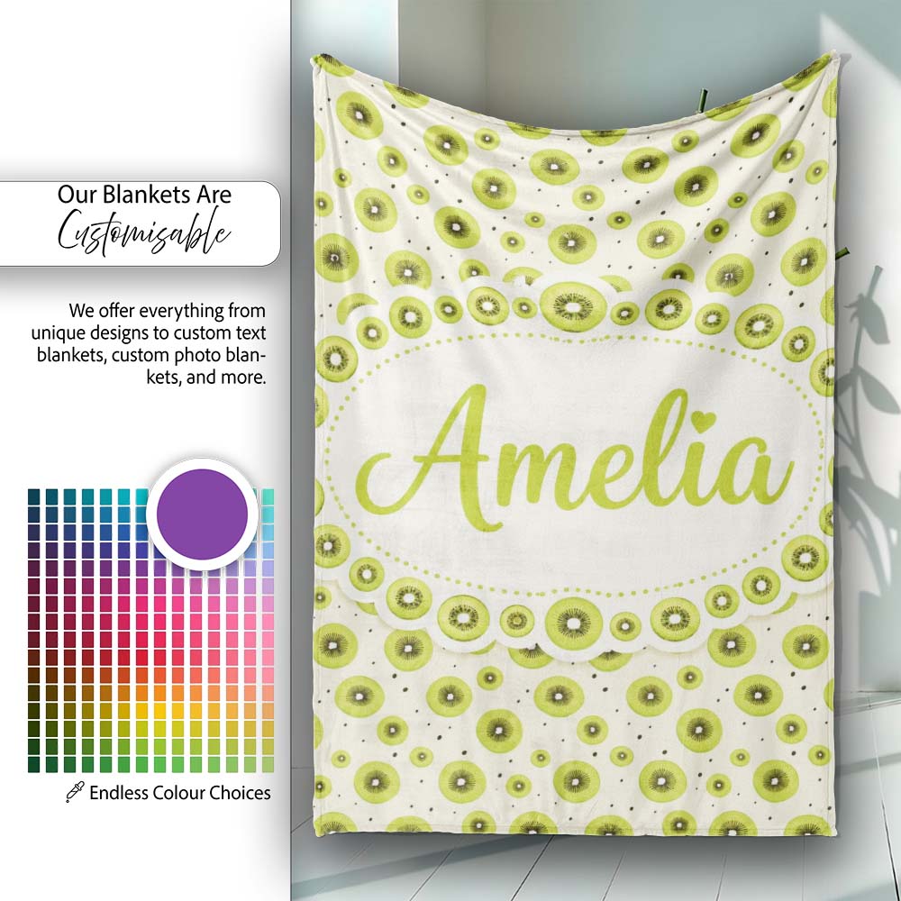 Minimal Kiwi Slice and Seed Scatter Seamless Pattern on Soft Beige Personalised Custom Name Super Soft Fleece Blanket Bed Sofa Throw