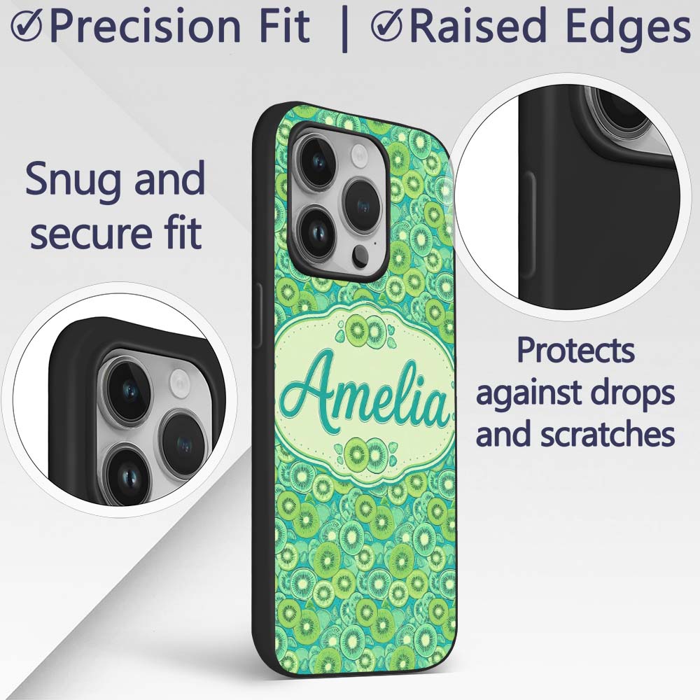 Bold Kiwi Citrus Mix Dense Seamless Pattern on Custom Name Protective Phone Case Mobile Cover Durable Everyday Smartphone Shock Resistant