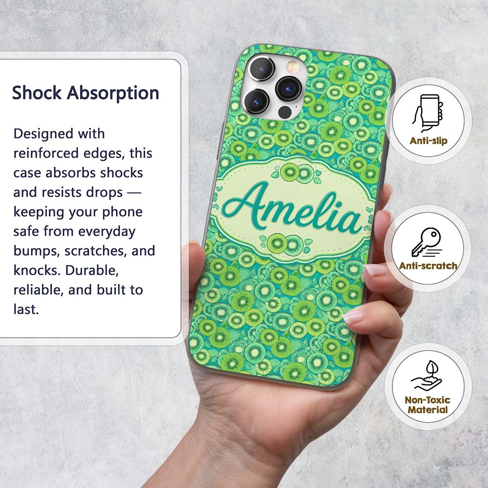Bold Kiwi Citrus Mix Dense Seamless Pattern on Custom Name Protective Phone Case Mobile Cover Durable Everyday Smartphone Shock Resistant
