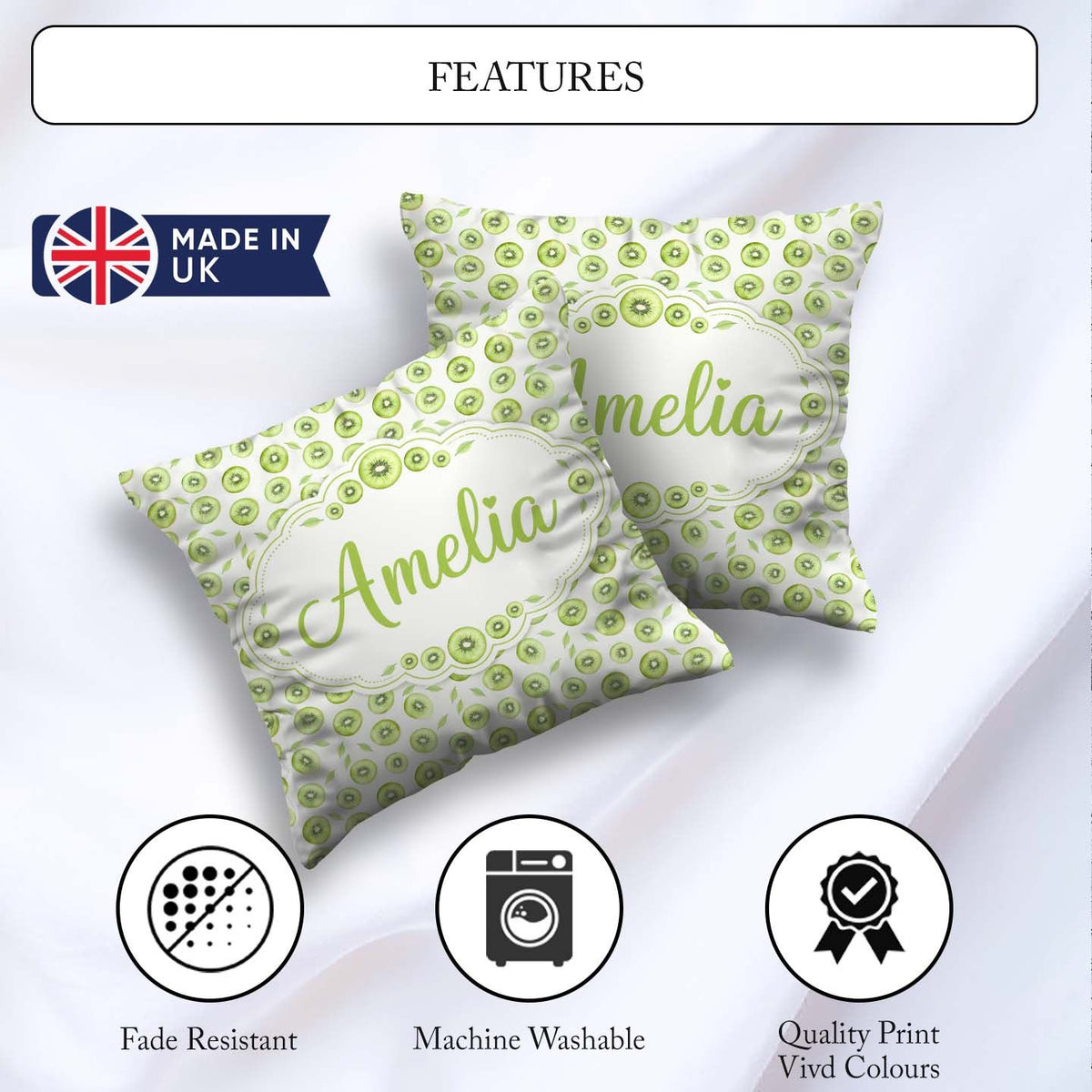 Custom Name Kiwi Slice and Leaf Botanical Seamless Pattern Light Square Filled Cushion Throw Pillow Sofa Bed Home Decor Zip Washable UK Made