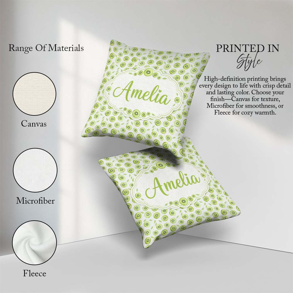 Custom Name Kiwi Slice and Leaf Botanical Seamless Pattern Light Square Filled Cushion Throw Pillow Sofa Bed Home Decor Zip Washable UK Made