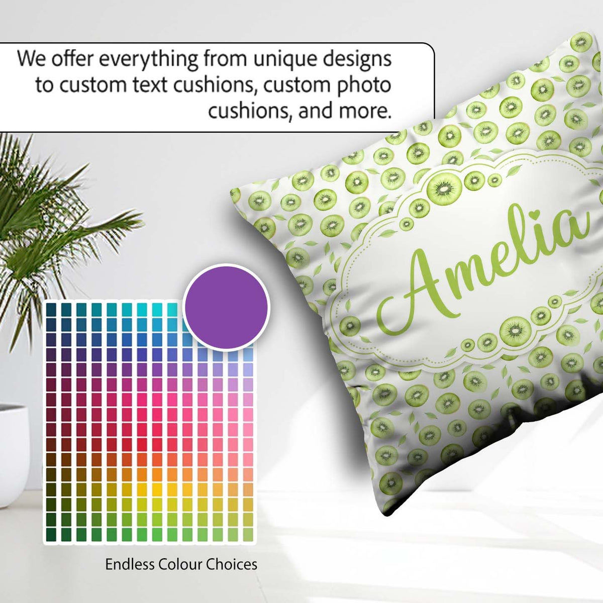 Custom Name Kiwi Slice and Leaf Botanical Seamless Pattern Light Square Filled Cushion Throw Pillow Sofa Bed Home Decor Zip Washable UK Made