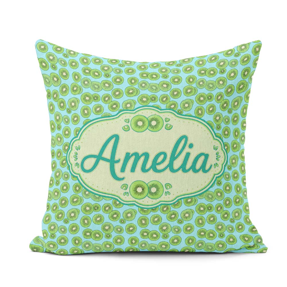 Custom Name Small Kiwi Slice Seamless Pattern on Blue Background Square Filled Cushion Throw Pillow Sofa Bed Home Decor Zip Washable UK Made
