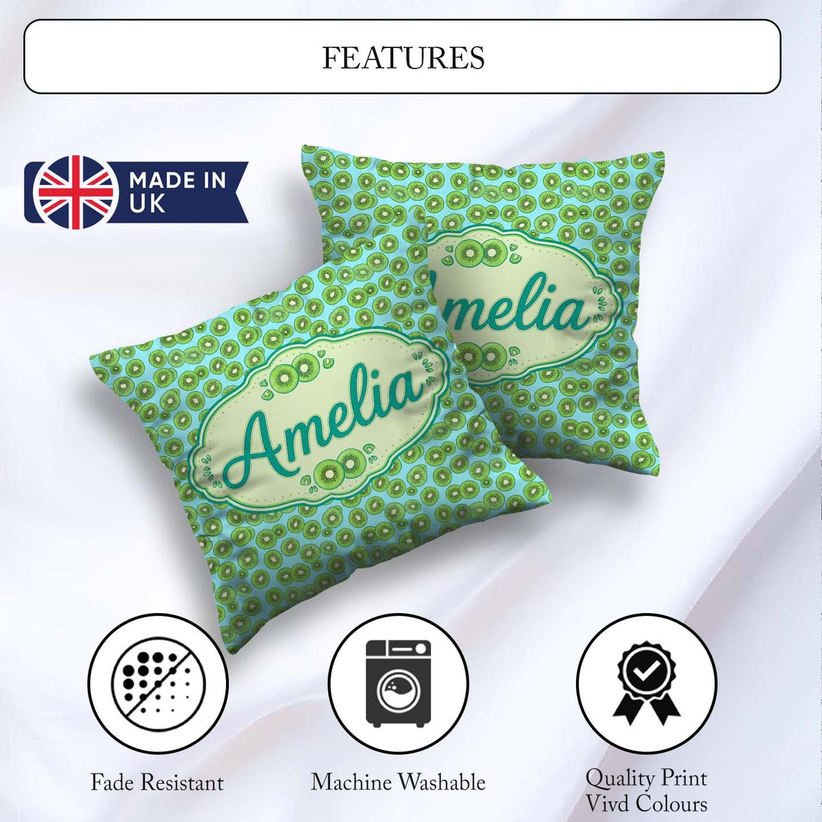 Custom Name Small Kiwi Slice Seamless Pattern on Blue Background Square Filled Cushion Throw Pillow Sofa Bed Home Decor Zip Washable UK Made