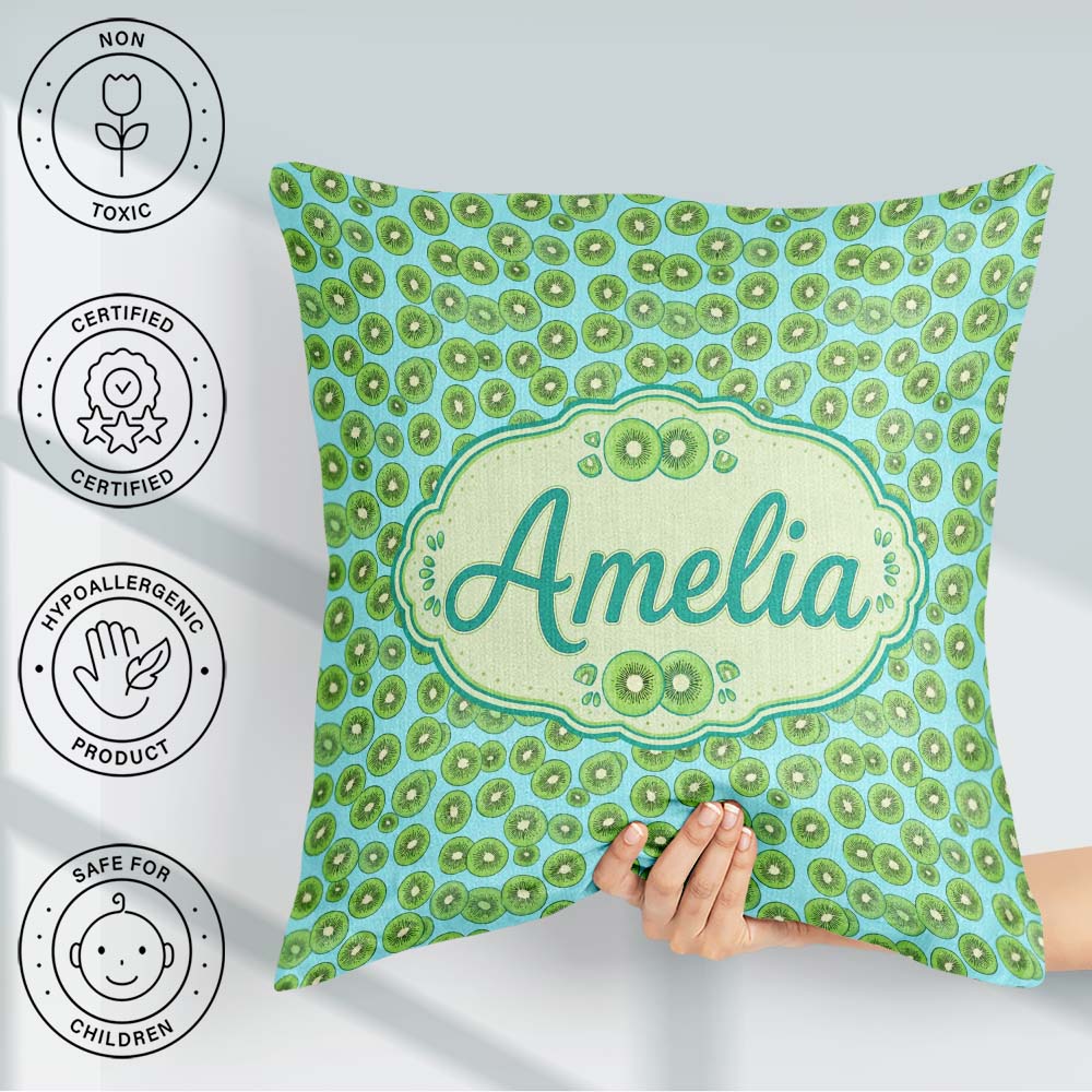 Custom Name Small Kiwi Slice Seamless Pattern on Blue Background Square Filled Cushion Throw Pillow Sofa Bed Home Decor Zip Washable UK Made