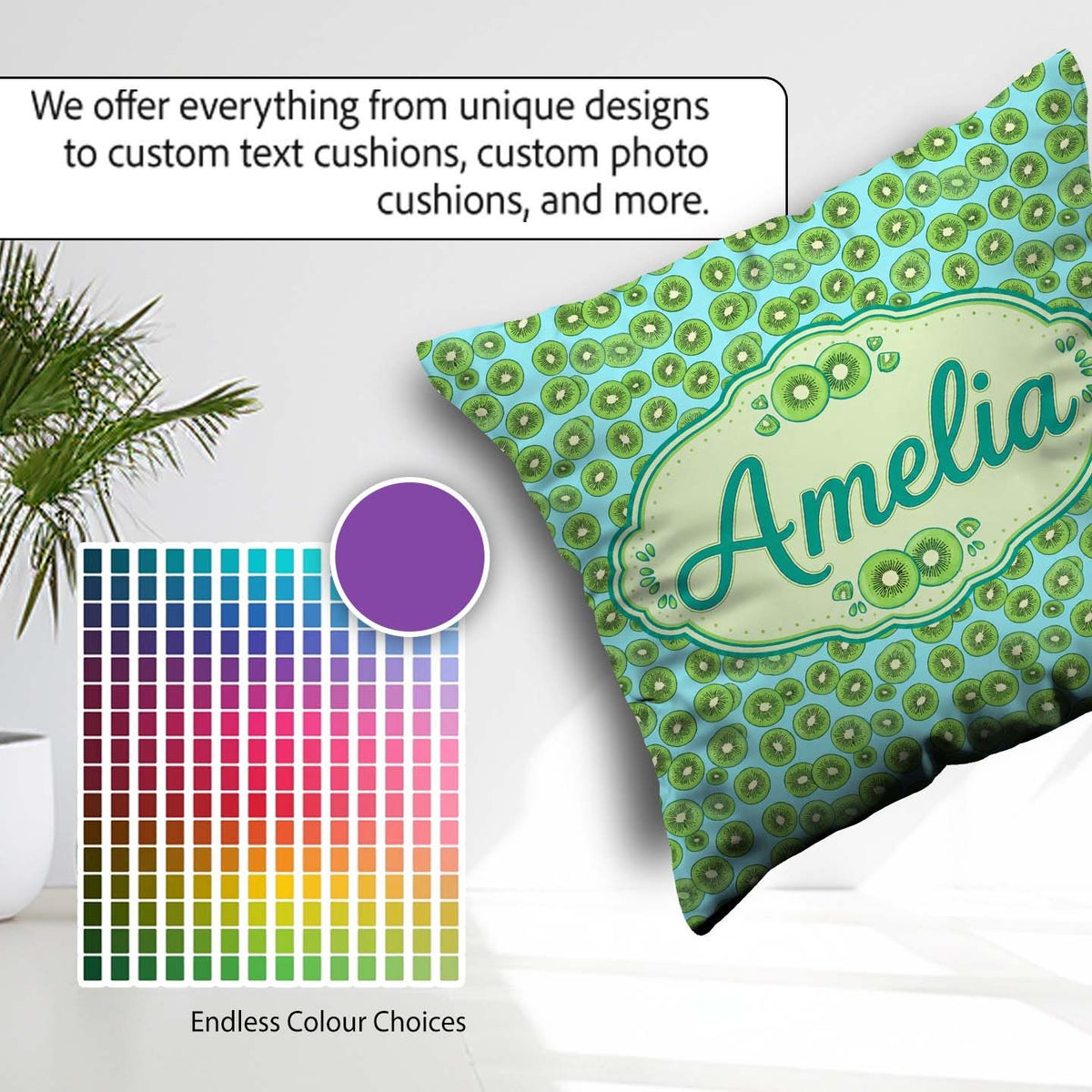 Custom Name Small Kiwi Slice Seamless Pattern on Blue Background Square Filled Cushion Throw Pillow Sofa Bed Home Decor Zip Washable UK Made