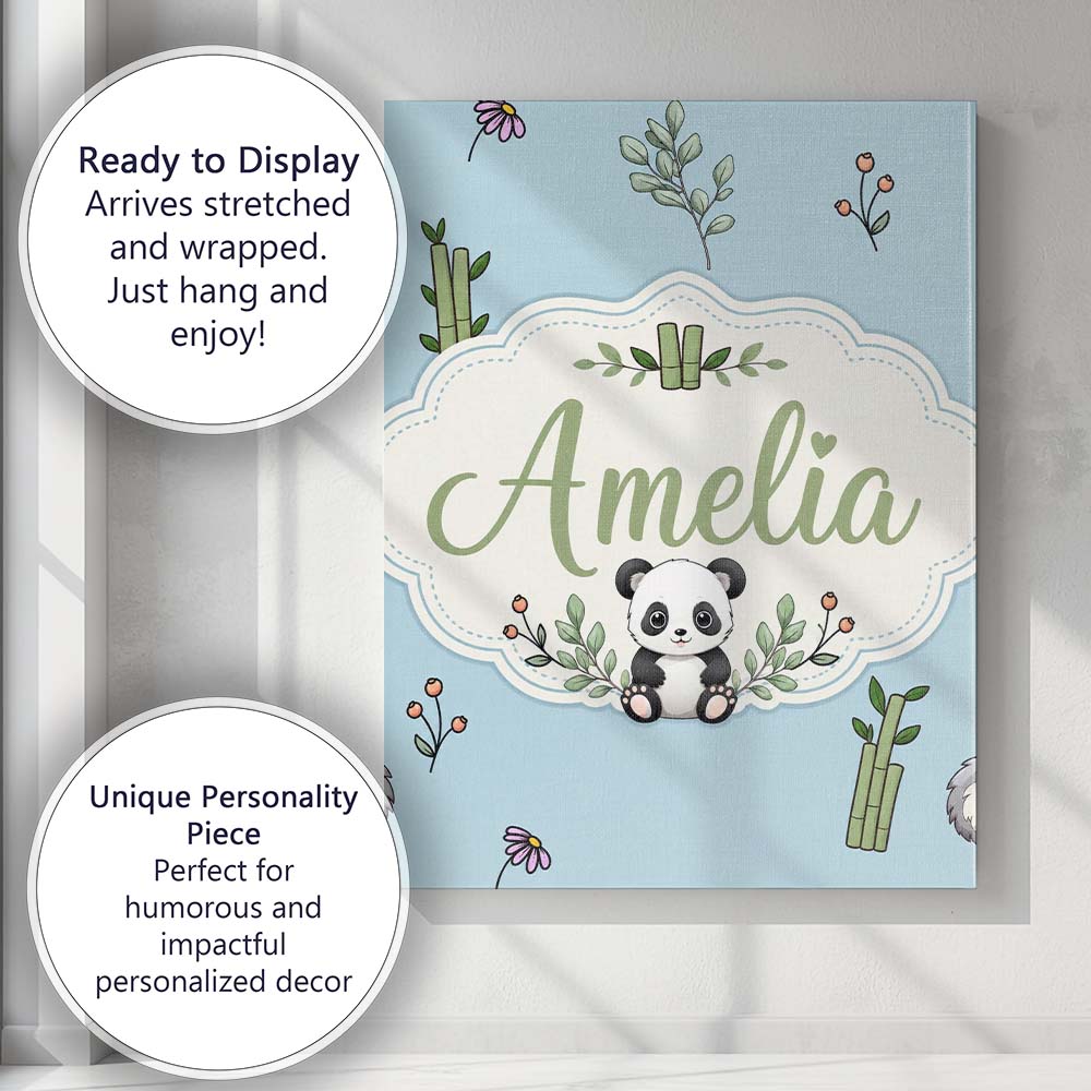 Personalised Name Cute Panda Bamboo and Custom Modern Room Accent Elegant Feature Canvas Wall Art Print Decor Picture Ready to Hang