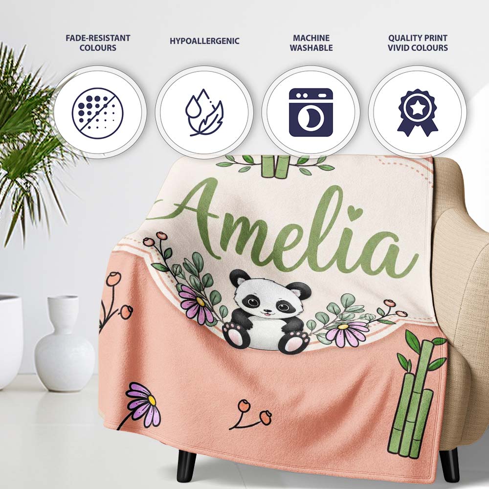 Cute Panda Bamboo and Floral Minimal Seamless Pattern on Peach Personalised Custom Name Super Soft Fleece Blanket Bed Sofa Throw